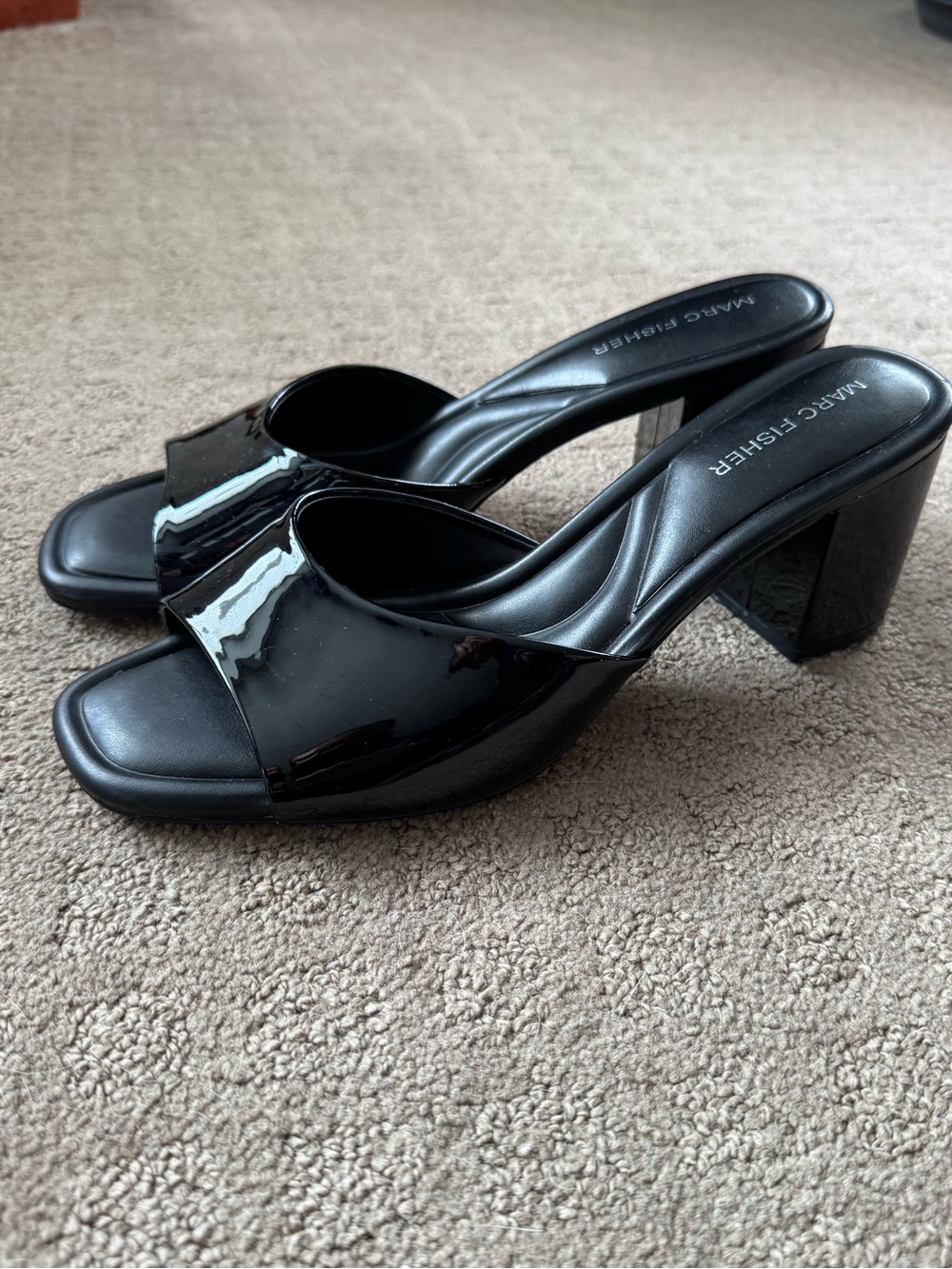 Marc Fisher Black Patent Open-Toe Block Heel Mules